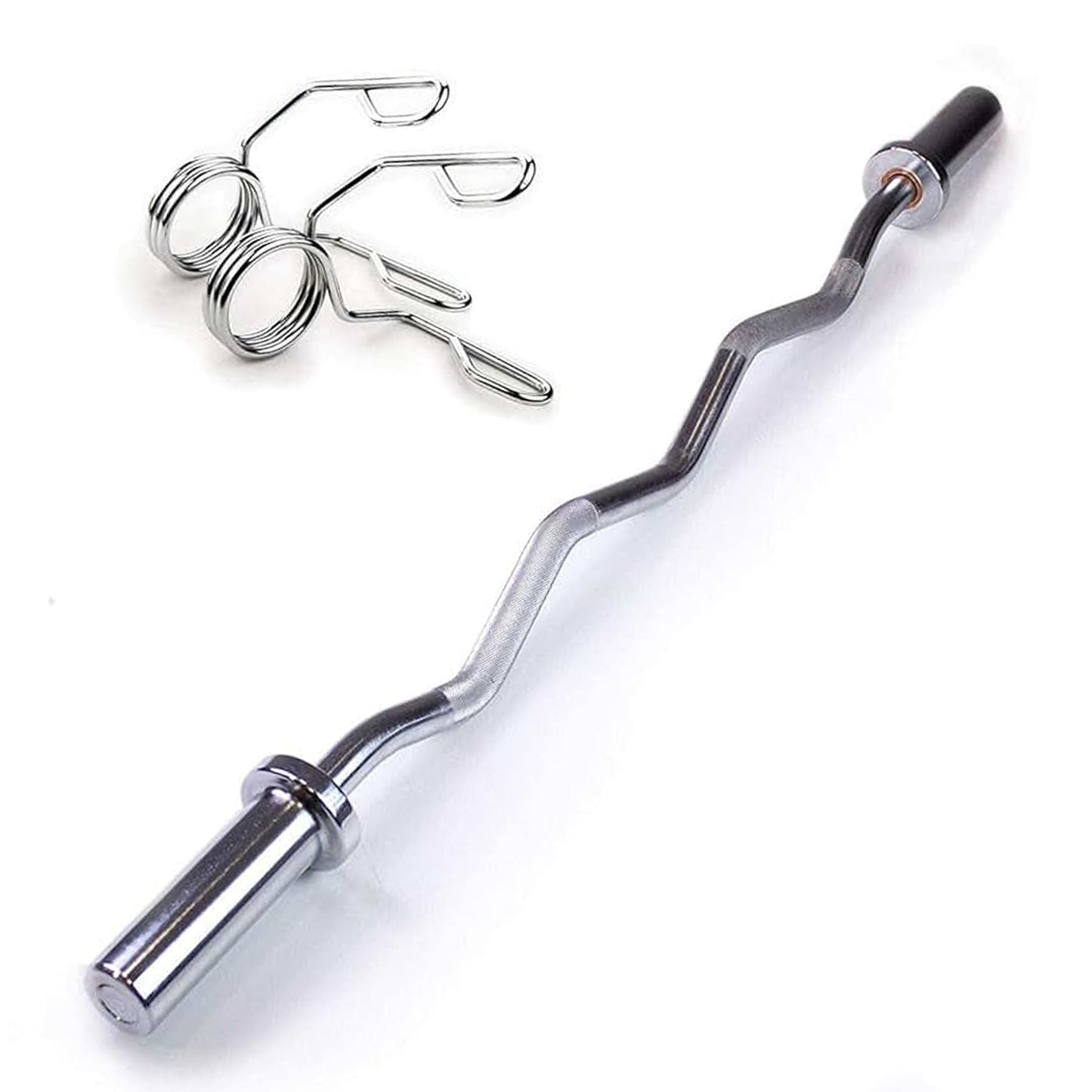 Durable Olympic EZ Curl Bar 47" – Chrome Barbell in Black or Silver with 2 Spring Collars | Fits 2" Weight Plates | Ideal for Biceps, Squats, Deadlifts & Full-Body Workouts