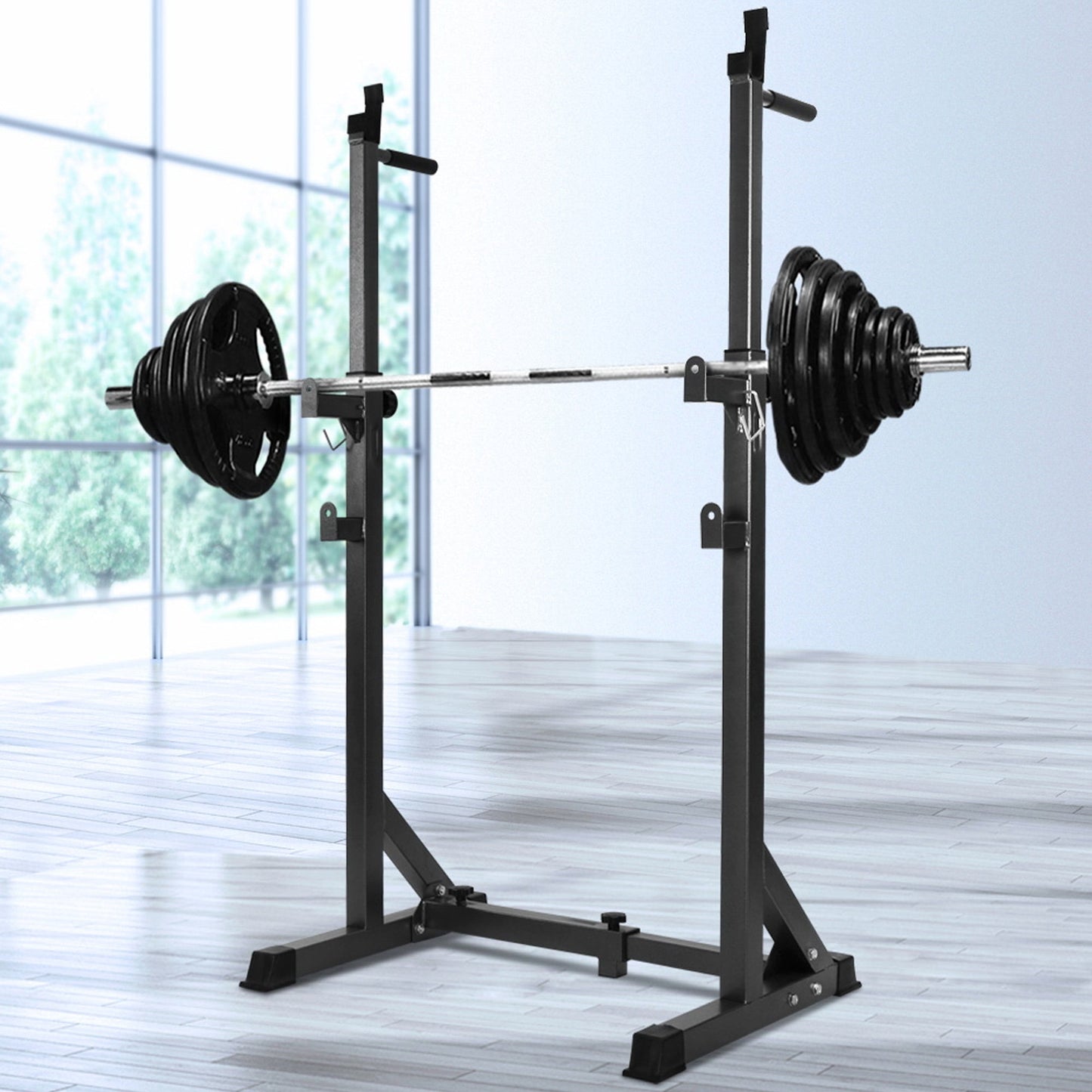 Adjustable Half Squat Rack with Dip Station, Spotters, 6ft/7ft Barbell & Tri-Grip Weight Plates – 200kg Capacity, Heavy-Duty Steel – Full Strength Setup for Home Gyms