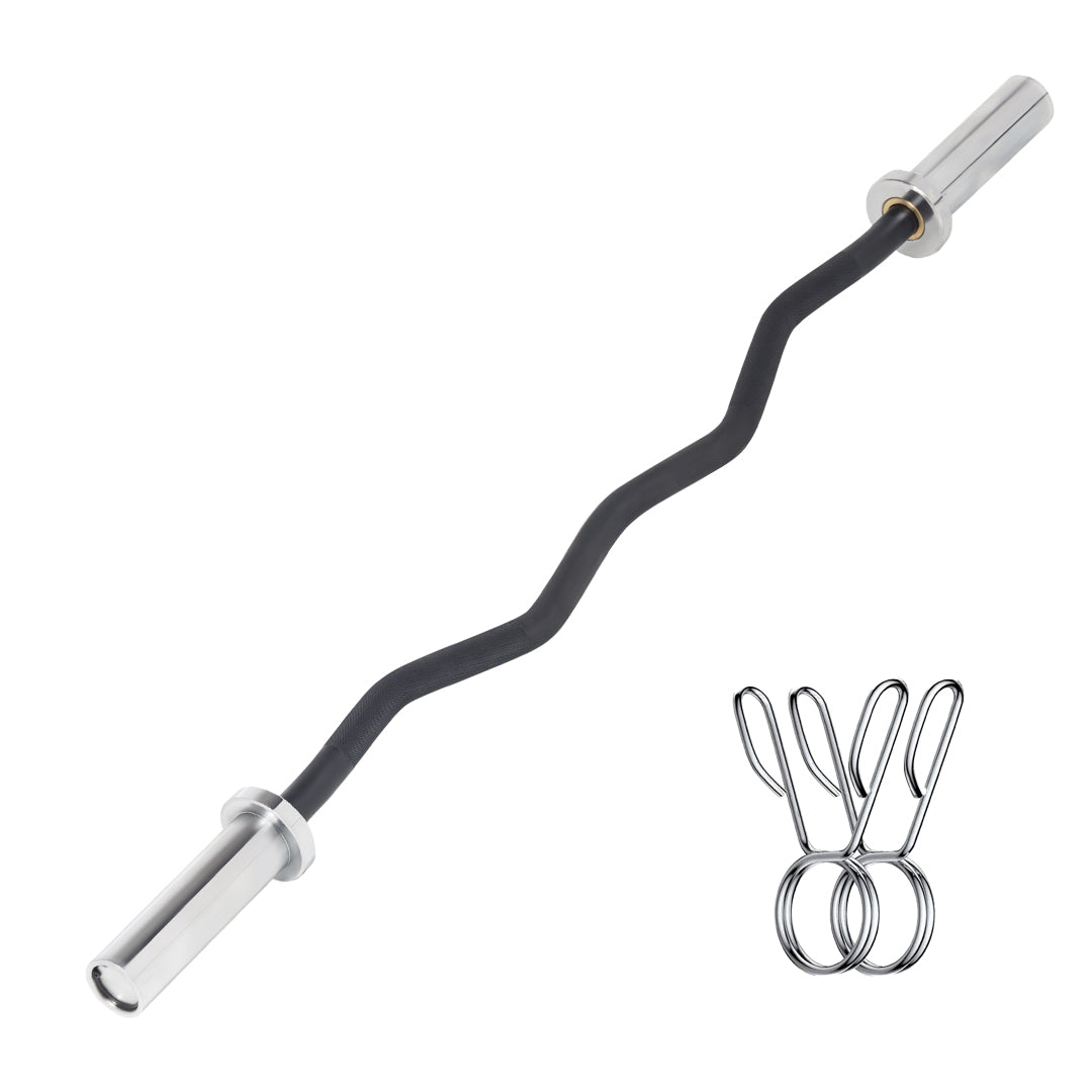Durable Olympic EZ Curl Bar 47" – Chrome Barbell in Black or Silver with 2 Spring Collars | Fits 2" Weight Plates | Ideal for Biceps, Squats, Deadlifts & Full-Body Workouts