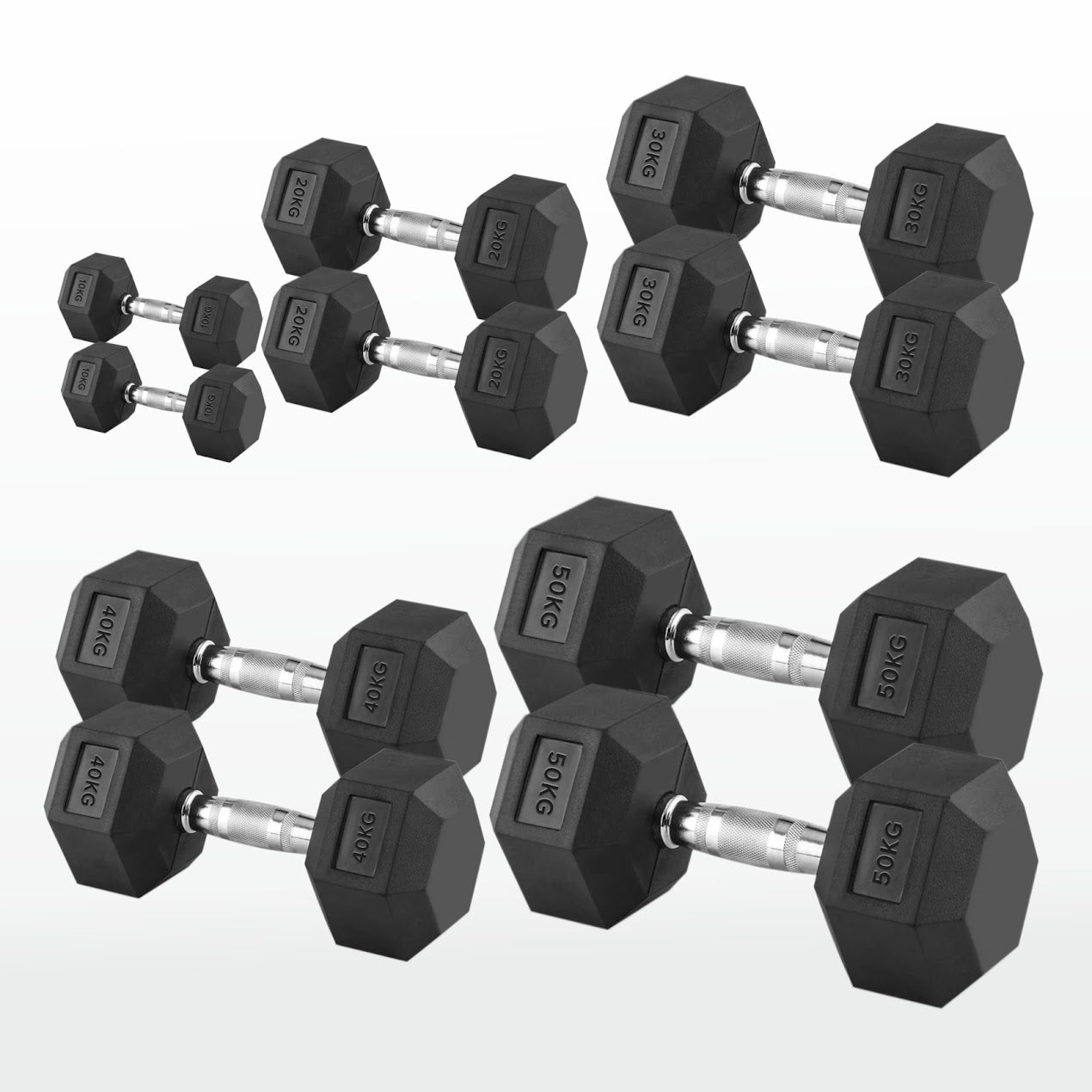 Hex Dumbbells 2.5kg–60kg Pairs & Sets – Rubber-Coated Anti-Roll Weights with Knurled Steel Grip – Strength Training Dumbbell Set for Home Gym or Studio