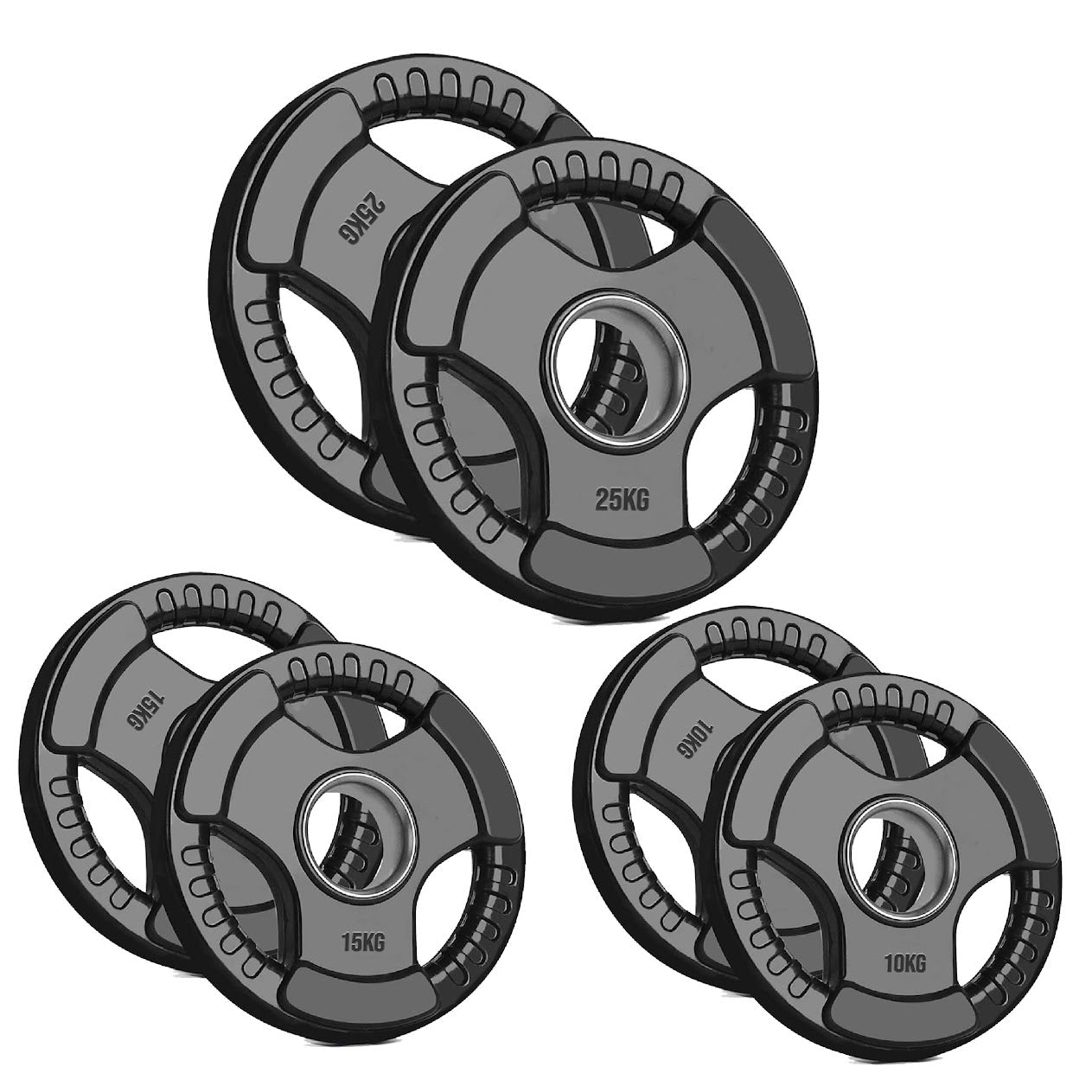 Heavy Duty Tri-Grip Olympic Weight Plates – Rubber Coated & Cast Iron, 2" Hole, Ergonomic Handles, Floor Safe, for Home Gym & Commercial Training Use