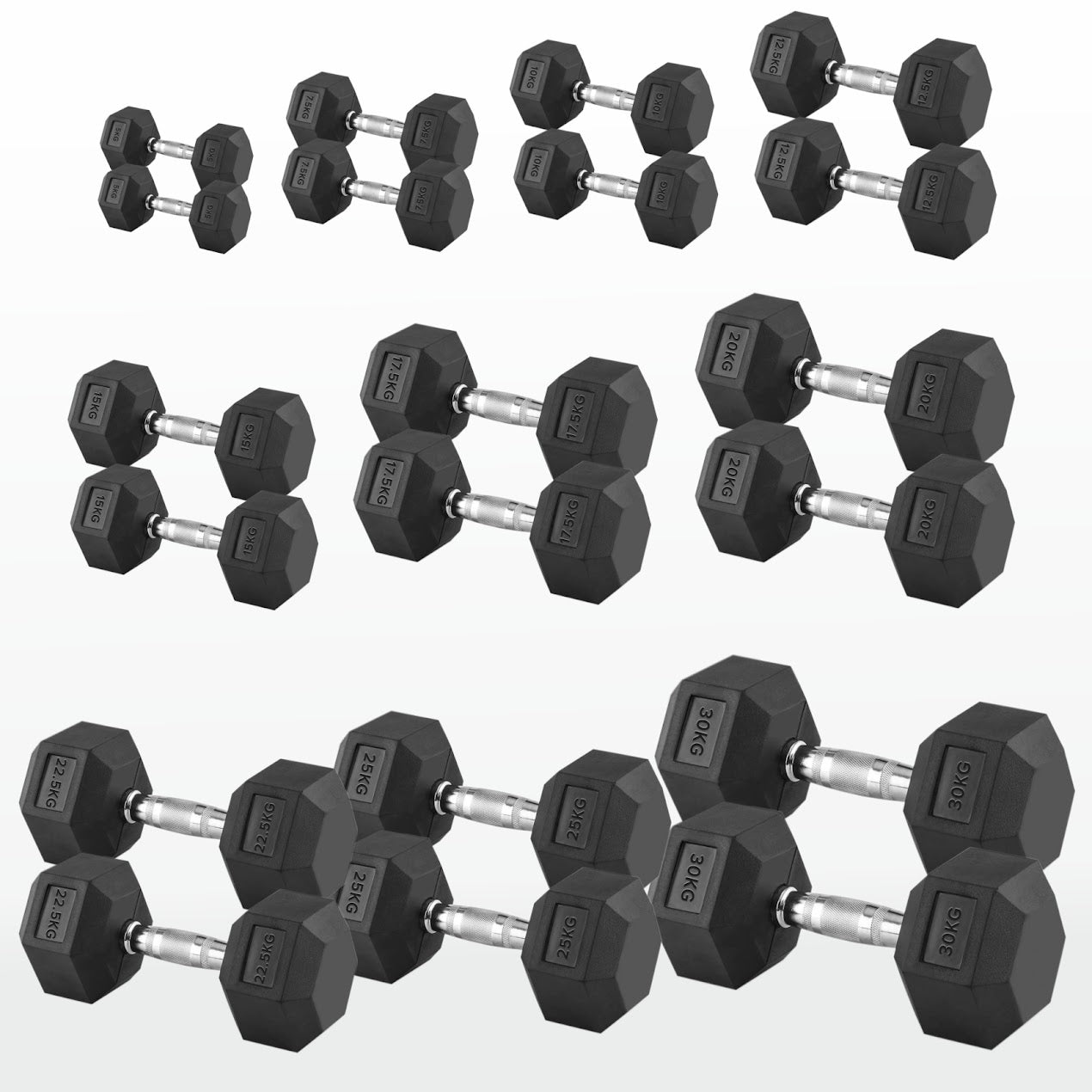 Hex Dumbbells 2.5kg–60kg Pairs & Sets – Rubber-Coated Anti-Roll Weights with Knurled Steel Grip – Strength Training Dumbbell Set for Home Gym or Studio