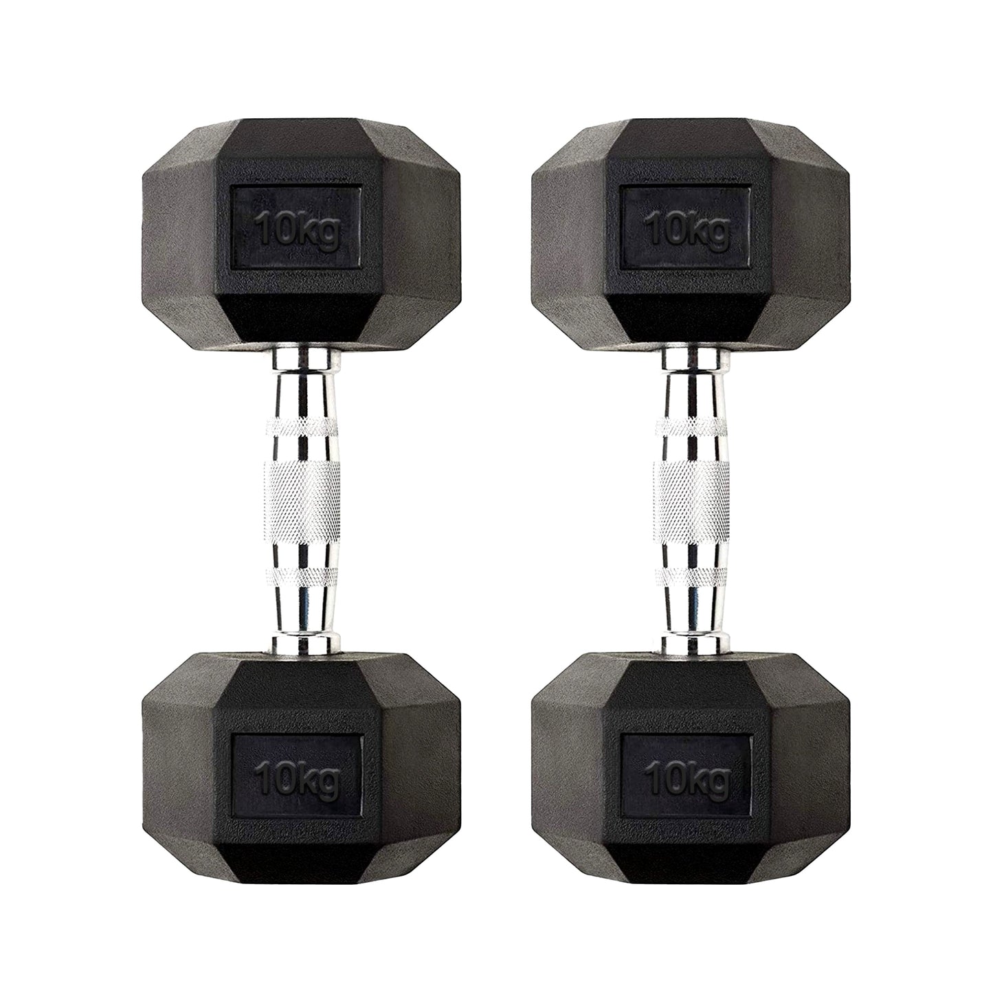 Durable 10kg Hex Dumbbells with Rubber-Coated Hex Heads & Chrome Grip Handles – Anti Roll Cast Iron Weights for Strength Training & Home Gym Workouts