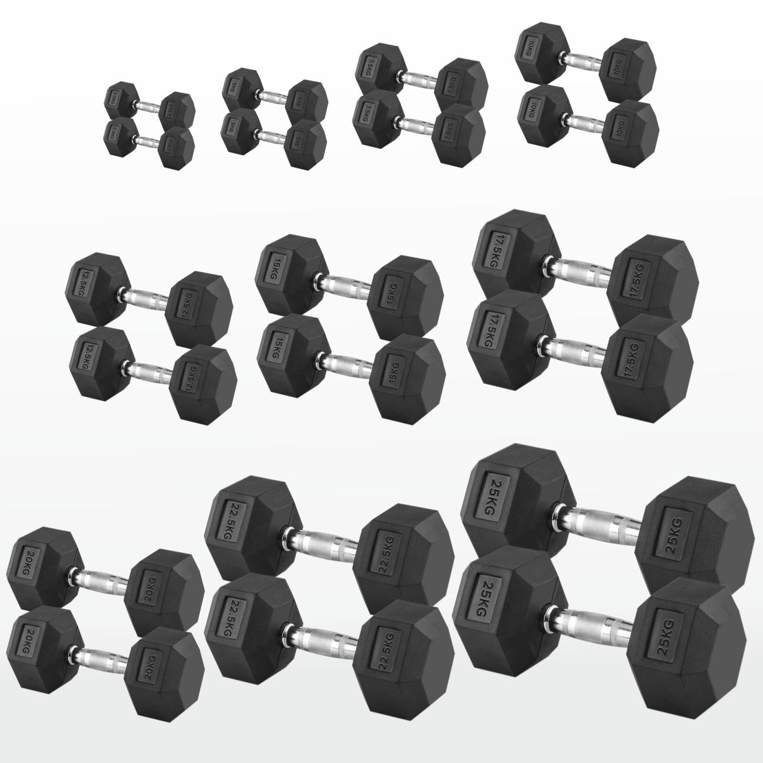 Hex Dumbbells 2.5kg–60kg Pairs & Sets – Rubber-Coated Anti-Roll Weights with Knurled Steel Grip – Strength Training Dumbbell Set for Home Gym or Studio