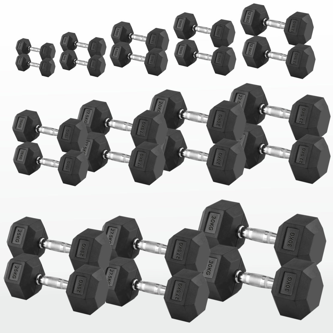 Hex Dumbbells 2.5kg–60kg Pairs & Sets – Rubber-Coated Anti-Roll Weights with Knurled Steel Grip – Strength Training Dumbbell Set for Home Gym or Studio