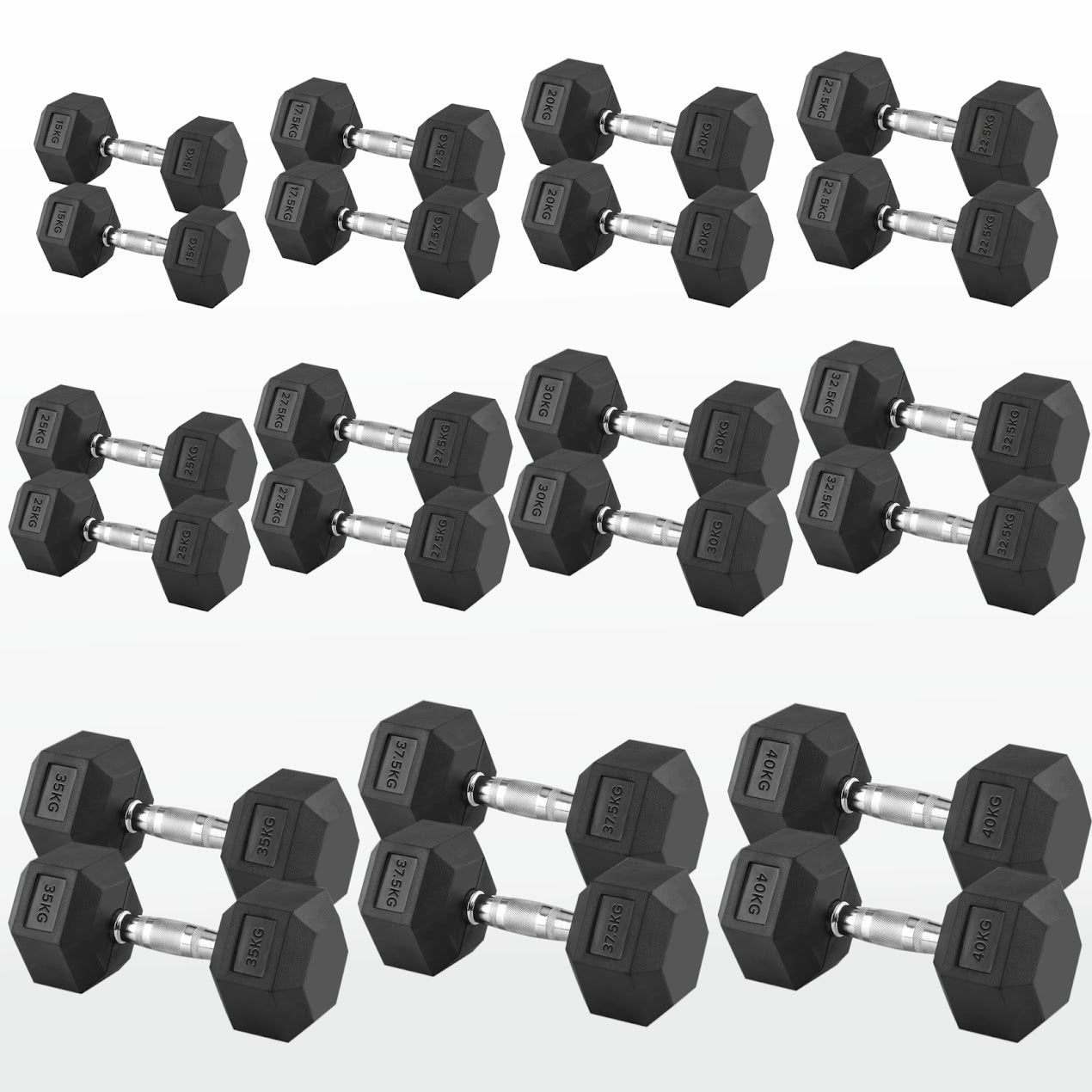 Hex Dumbbells 2.5kg–60kg Pairs & Sets – Rubber-Coated Anti-Roll Weights with Knurled Steel Grip – Strength Training Dumbbell Set for Home Gym or Studio