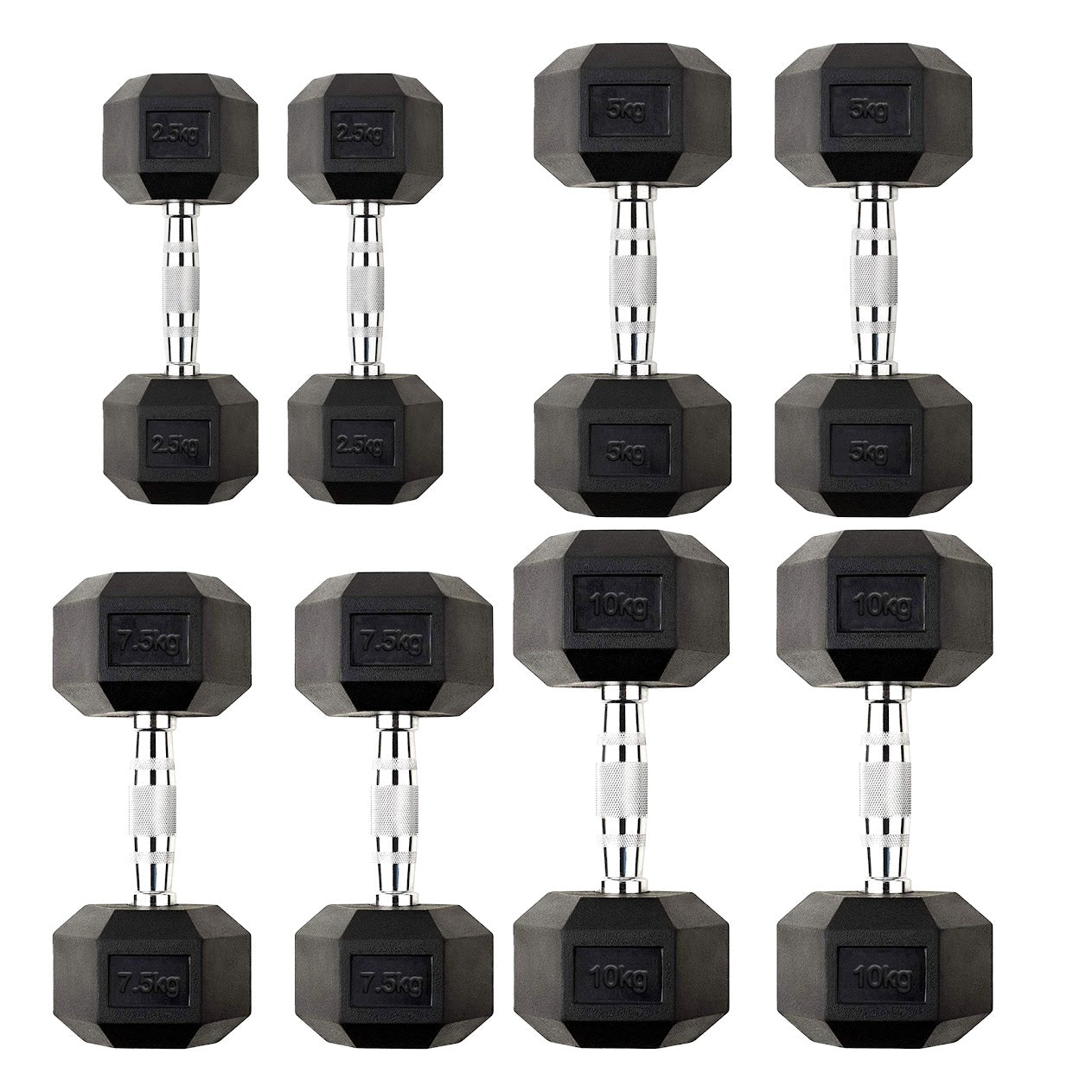 Hex Dumbbells 2.5kg–60kg Pairs & Sets – Rubber-Coated Anti-Roll Weights with Knurled Steel Grip – Strength Training Dumbbell Set for Home Gym or Studio
