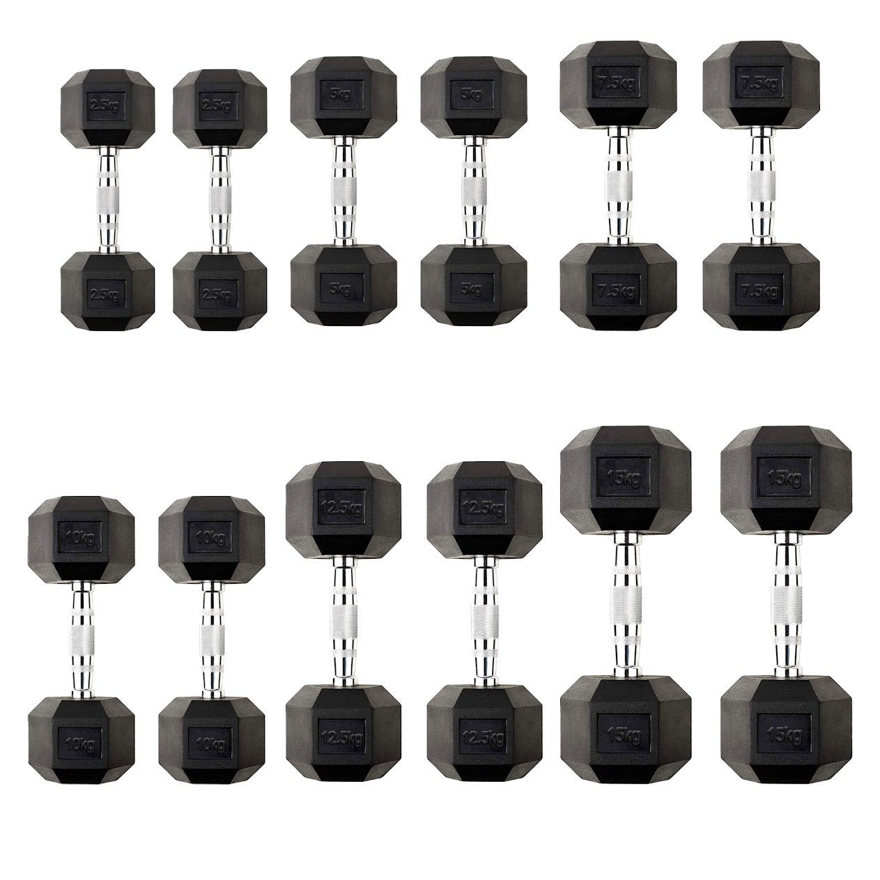 Hex Dumbbells 2.5kg–60kg Pairs & Sets – Rubber-Coated Anti-Roll Weights with Knurled Steel Grip – Strength Training Dumbbell Set for Home Gym or Studio