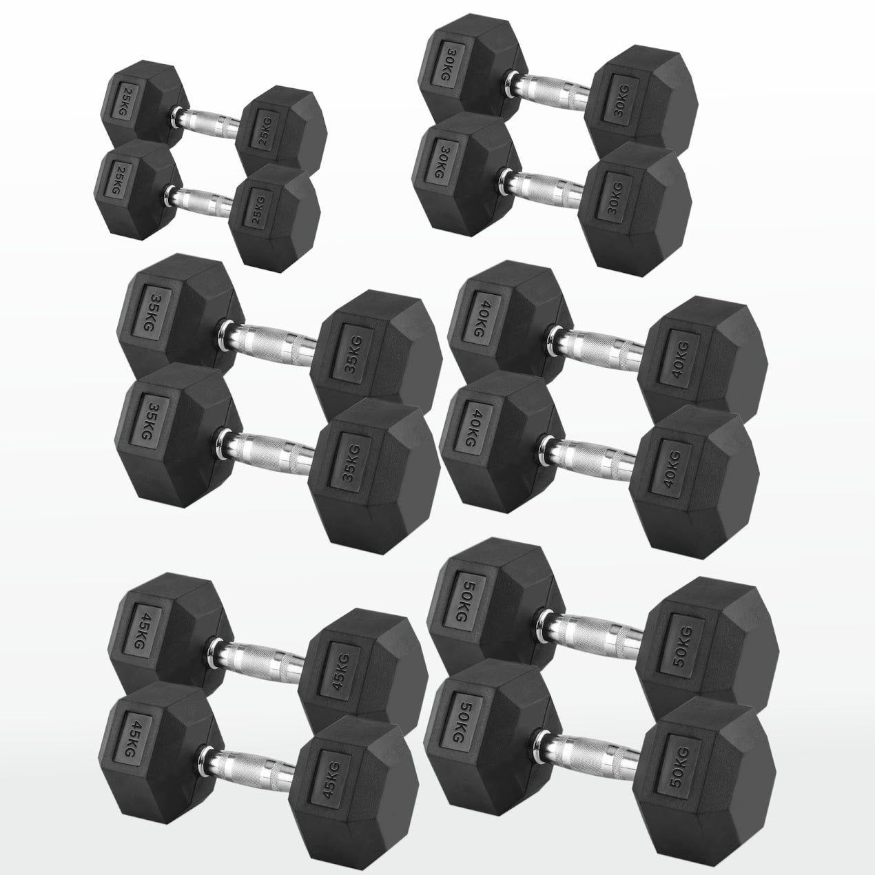 Hex Dumbbells 2.5kg–60kg Pairs & Sets – Rubber-Coated Anti-Roll Weights with Knurled Steel Grip – Strength Training Dumbbell Set for Home Gym or Studio