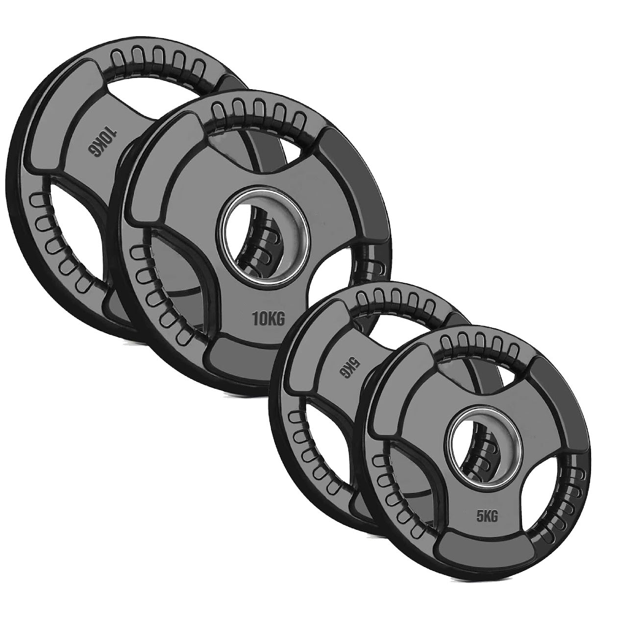 Heavy Duty Tri-Grip Olympic Weight Plates – Rubber Coated & Cast Iron, 2" Hole, Ergonomic Handles, Floor Safe, for Home Gym & Commercial Training Use