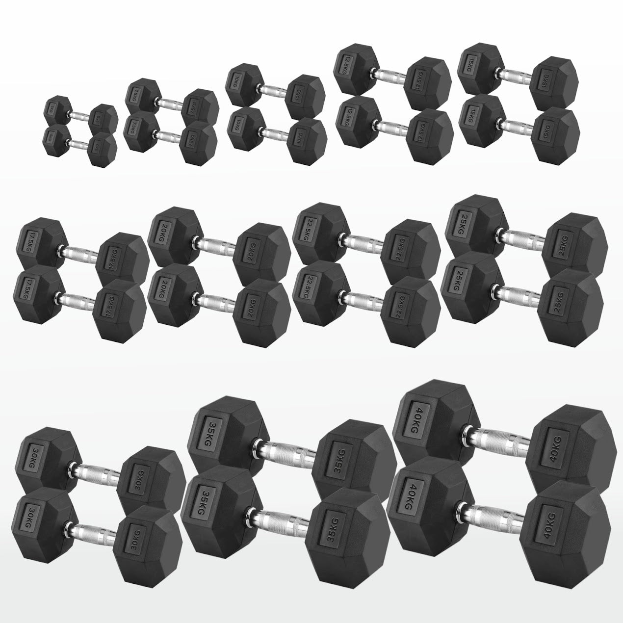 Hex Dumbbells 2.5kg–60kg Pairs & Sets – Rubber-Coated Anti-Roll Weights with Knurled Steel Grip – Strength Training Dumbbell Set for Home Gym or Studio