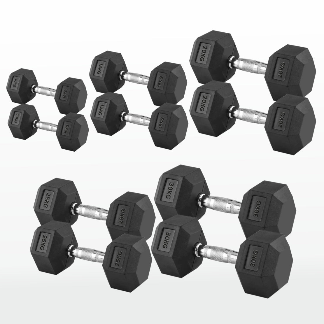 Hex Dumbbells 2.5kg–60kg Pairs & Sets – Rubber-Coated Anti-Roll Weights with Knurled Steel Grip – Strength Training Dumbbell Set for Home Gym or Studio