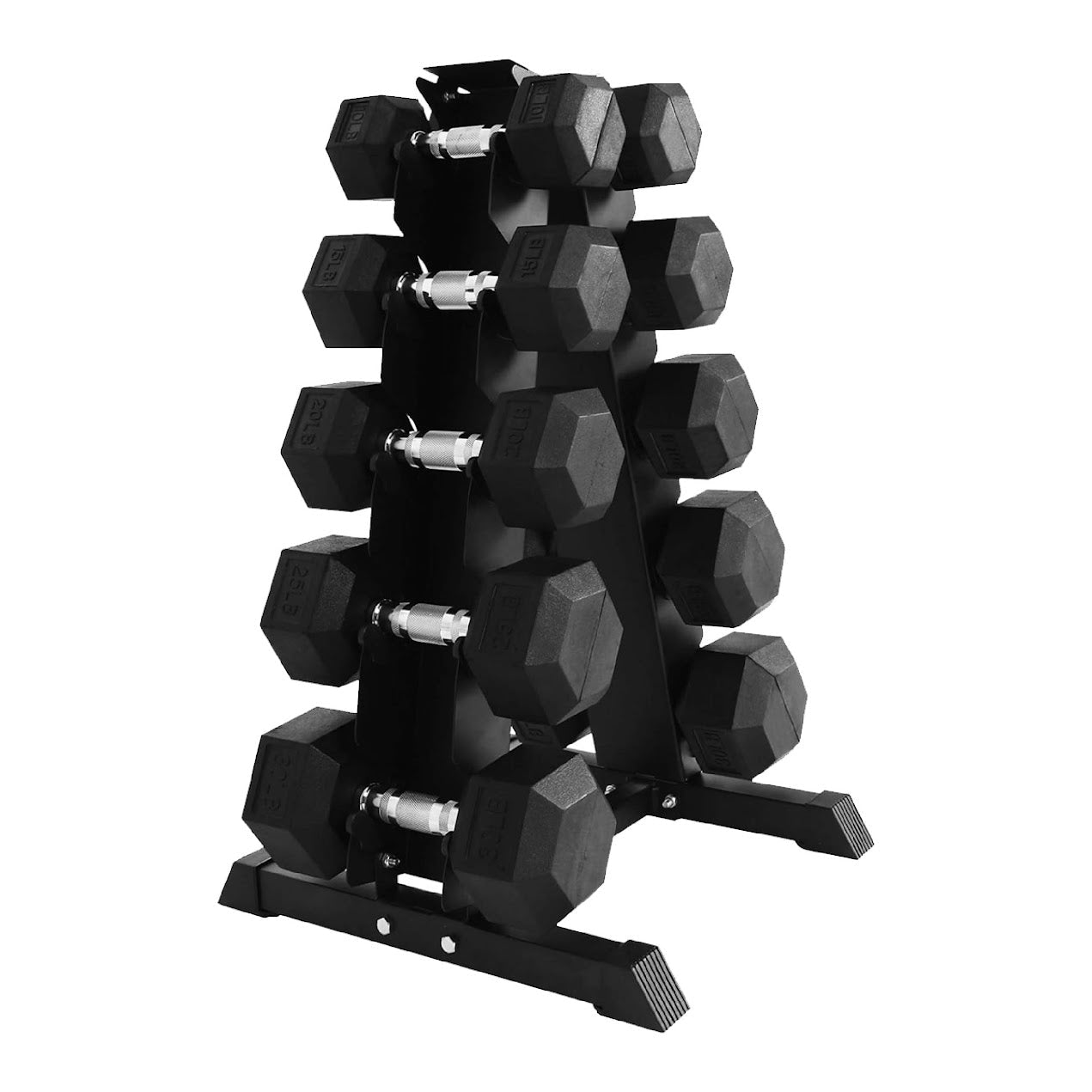 Space-Saving 5-Pair Rubber Hex Dumbbell Set 2.5kg–25kg with Optional 5 Tier Rack – Durable Cast Iron Weights with Anti-Roll Heads for Home & Studio Gyms