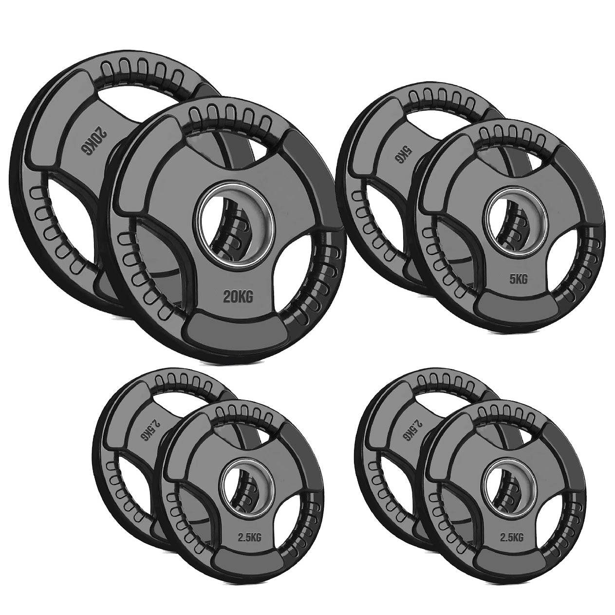 Heavy Duty Tri-Grip Olympic Weight Plates – Rubber Coated & Cast Iron, 2" Hole, Ergonomic Handles, Floor Safe, for Home Gym & Commercial Training Use