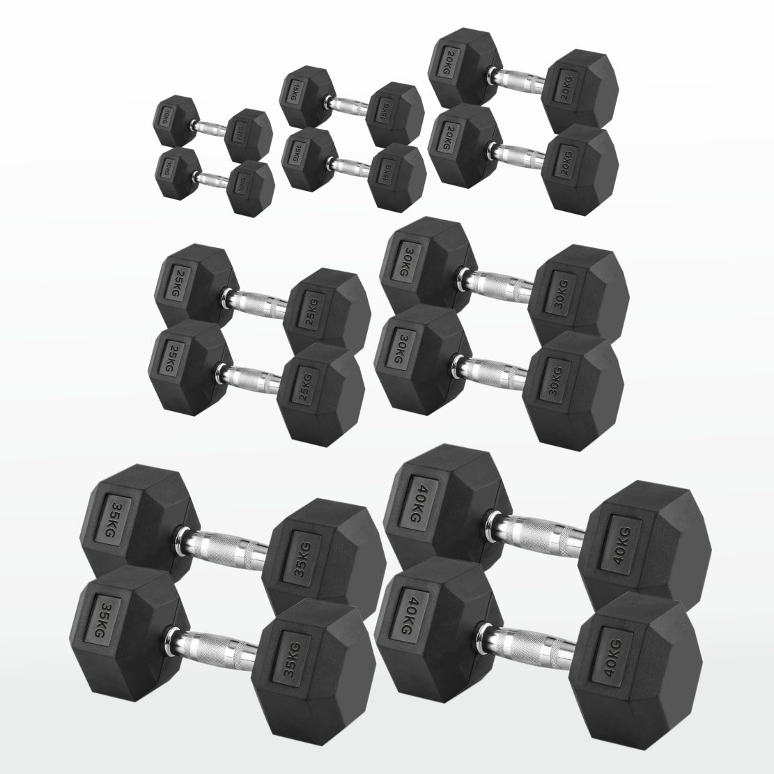 Hex Dumbbells 2.5kg–60kg Pairs & Sets – Rubber-Coated Anti-Roll Weights with Knurled Steel Grip – Strength Training Dumbbell Set for Home Gym or Studio