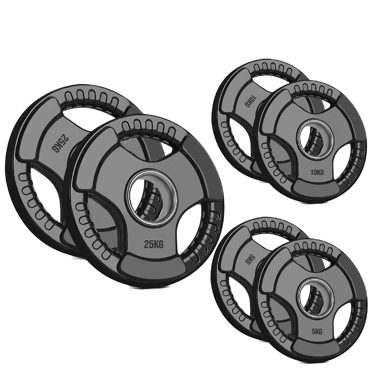 Heavy Duty Tri-Grip Olympic Weight Plates – Rubber Coated & Cast Iron, 2" Hole, Ergonomic Handles, Floor Safe, for Home Gym & Commercial Training Use