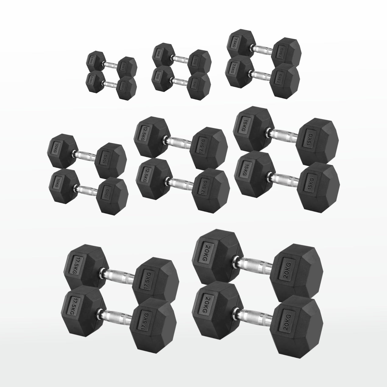 Hex Dumbbells 2.5kg–60kg Pairs & Sets – Rubber-Coated Anti-Roll Weights with Knurled Steel Grip – Strength Training Dumbbell Set for Home Gym or Studio