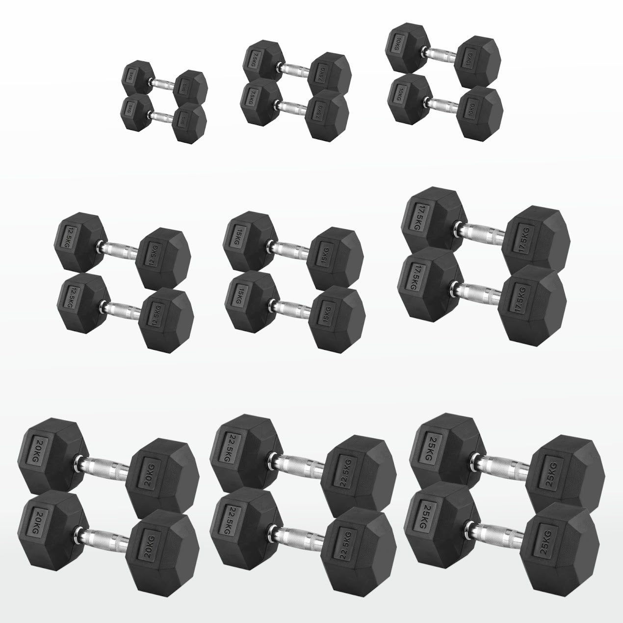 Hex Dumbbells 2.5kg–60kg Pairs & Sets – Rubber-Coated Anti-Roll Weights with Knurled Steel Grip – Strength Training Dumbbell Set for Home Gym or Studio