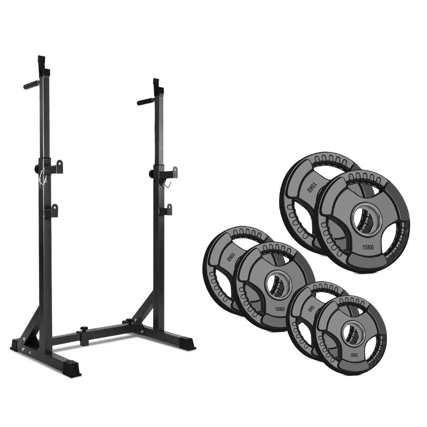 Adjustable Half Squat Rack with Dip Station, Spotters, 6ft/7ft Barbell & Tri-Grip Weight Plates – 200kg Capacity, Heavy-Duty Steel – Full Strength Setup for Home Gyms