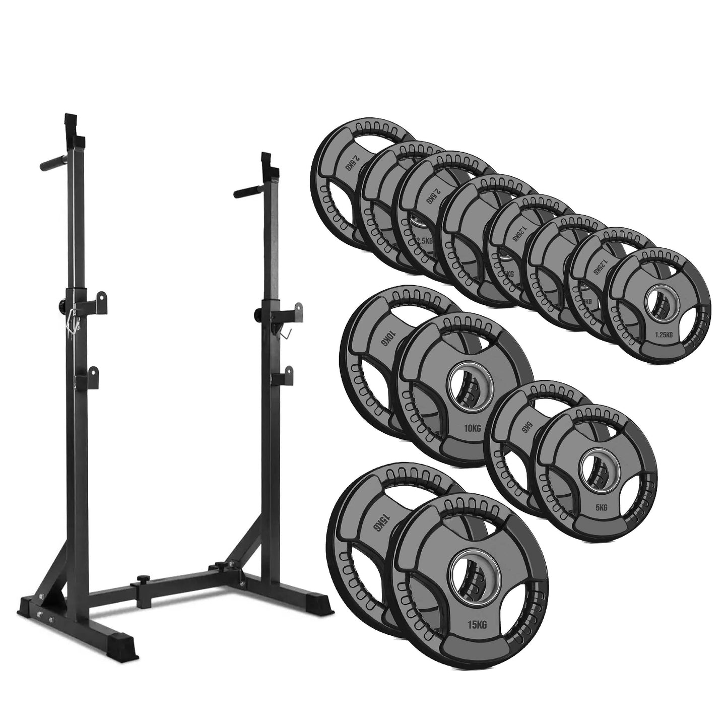 Adjustable Half Squat Rack with Dip Station, Spotters, 6ft/7ft Barbell & Tri-Grip Weight Plates – 200kg Capacity, Heavy-Duty Steel – Full Strength Setup for Home Gyms