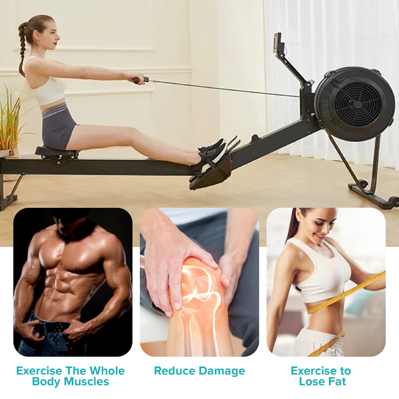 Adjustable Air‑Resistance Rowing Machine, Aluminum Frame & Silent Glide for Home Gym