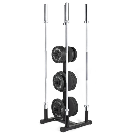 Heavy Duty Olympic Weight Tree & Bar Stand – 3 Tier Plate Rack with Barbell Holders, 200kg Capacity, Black Powder Coated Steel for Compact Home Gym Storage