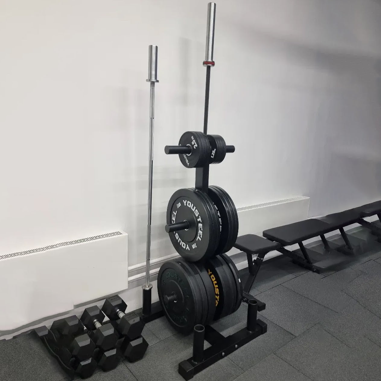 Heavy Duty Olympic Weight Tree & Bar Stand – 3 Tier Plate Rack with Barbell Holders, 200kg Capacity, Black Powder Coated Steel for Compact Home Gym Storage