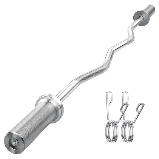 Durable Olympic EZ Curl Bar 47" – Chrome Barbell in Black or Silver with 2 Spring Collars | Fits 2" Weight Plates | Ideal for Biceps, Squats, Deadlifts & Full-Body Workouts