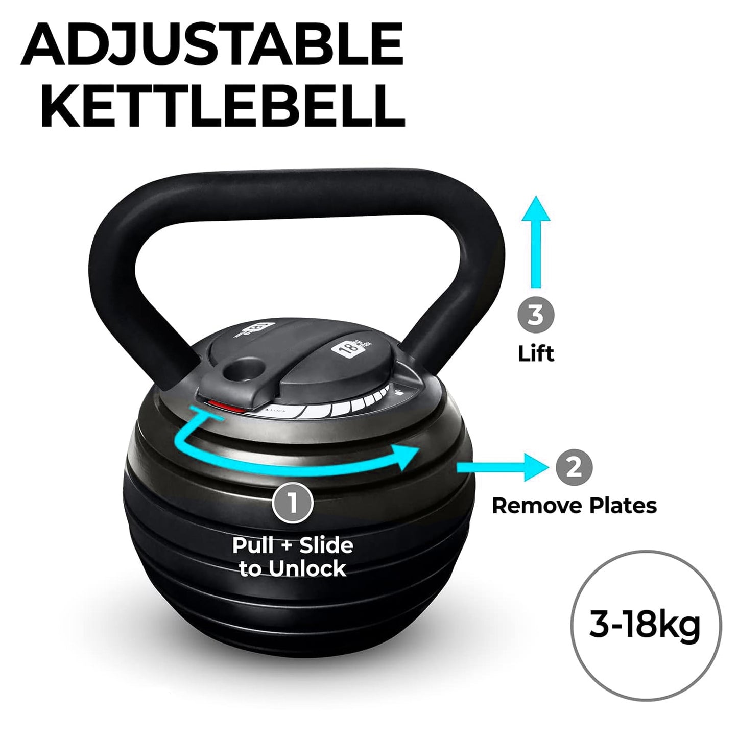 7-in-1 Adjustable Kettlebell Weight Set, 3.4kg–18kg – Heavy-Duty Quick Lock Kettle Bell for Full Body Strength & Fat Loss – Home Gym Fitness Equipment