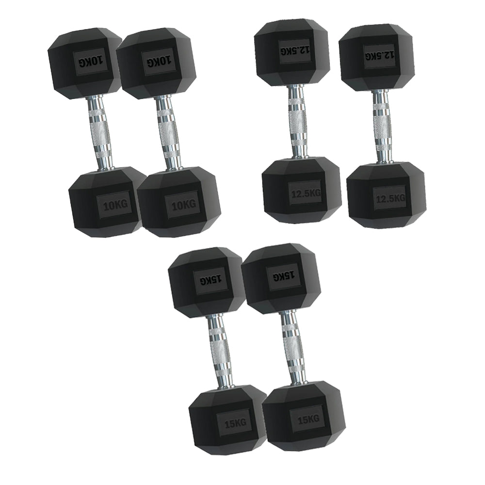 Premium 3-Pair Hex Dumbbell Set (2.5kg–15kg) – Rubber-Coated Anti-Roll Weights with Chrome Grip – Optional 3 Tier Vertical Rack for Home & Garage Gyms