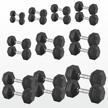 Hex Dumbbells 2.5kg–60kg Pairs & Sets – Rubber-Coated Anti-Roll Weights with Knurled Steel Grip – Strength Training Dumbbell Set for Home Gym or Studio