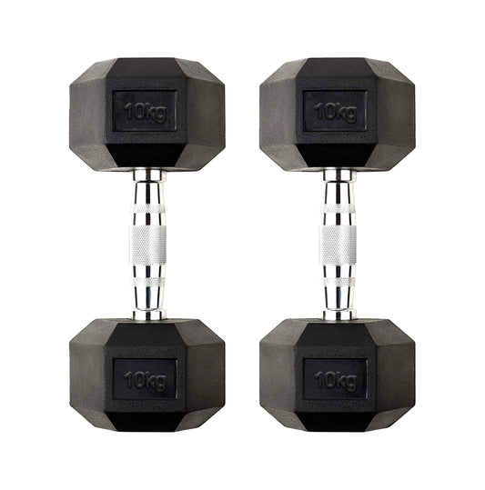 Durable 10kg Hex Dumbbells with Rubber-Coated Hex Heads & Chrome Grip Handles – Anti Roll Cast Iron Weights for Strength Training & Home Gym Workouts