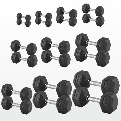Hex Dumbbells 2.5kg–60kg Pairs & Sets – Rubber-Coated Anti-Roll Weights with Knurled Steel Grip – Strength Training Dumbbell Set for Home Gym or Studio