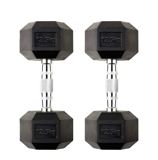 12.5kg Hex Dumbbells – Durable Rubber Coated Weights with Anti Roll Design & Chrome Handles for Home Gym Strength Training
