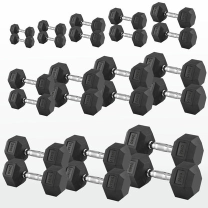 Hex Dumbbells 2.5kg–60kg Pairs & Sets – Rubber-Coated Anti-Roll Weights with Knurled Steel Grip – Strength Training Dumbbell Set for Home Gym or Studio