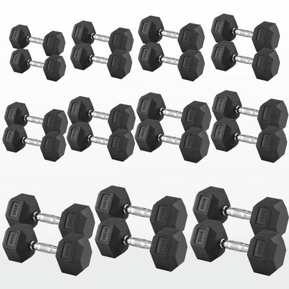 Hex Dumbbells 2.5kg–60kg Pairs & Sets – Rubber-Coated Anti-Roll Weights with Knurled Steel Grip – Strength Training Dumbbell Set for Home Gym or Studio