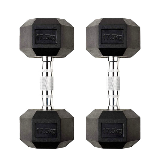 17.5kg Hex Dumbbells – Durable Rubber Coated Anti Roll Weights with Chrome Grip Handles for Home Gym Strength Training and Muscle Growth