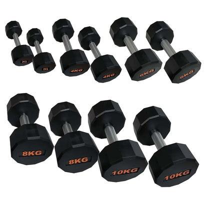 Round Hex Dumbbells with Anti-Roll Design – Rubber Coated Weights for Safe, Quiet Workouts with Ergonomic Grip | Available in Singles, Pairs & Full Sets