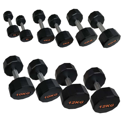 Round Hex Dumbbells with Anti-Roll Design – Rubber Coated Weights for Safe, Quiet Workouts with Ergonomic Grip | Available in Singles, Pairs & Full Sets