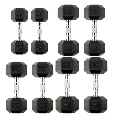 Hex Dumbbells 2.5kg–60kg Pairs & Sets – Rubber-Coated Anti-Roll Weights with Knurled Steel Grip – Strength Training Dumbbell Set for Home Gym or Studio