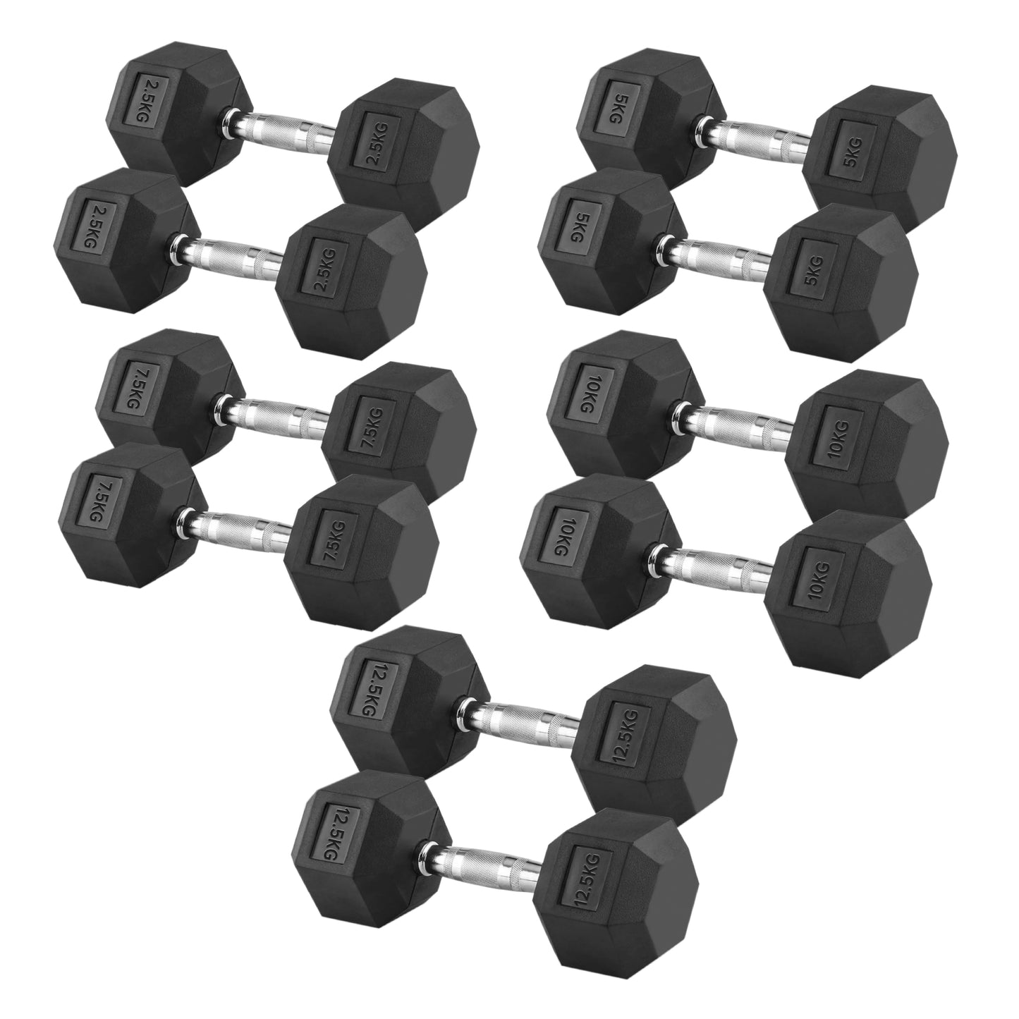 Space-Saving 5-Pair Rubber Hex Dumbbell Set 2.5kg–25kg with Optional 5 Tier Rack – Durable Cast Iron Weights with Anti-Roll Heads for Home & Studio Gyms
