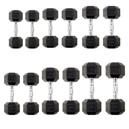 Hex Dumbbells 2.5kg–60kg Pairs & Sets – Rubber-Coated Anti-Roll Weights with Knurled Steel Grip – Strength Training Dumbbell Set for Home Gym or Studio