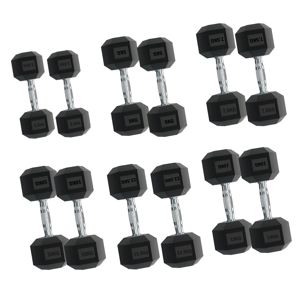 Hex Dumbbell Set 6 Pairs 2.5kg–30kg with Optional Tier 6 Vertical Rack – Rubber-Coated Anti-Roll Weights with Chrome Handles for Compact Home Gym Strength Training