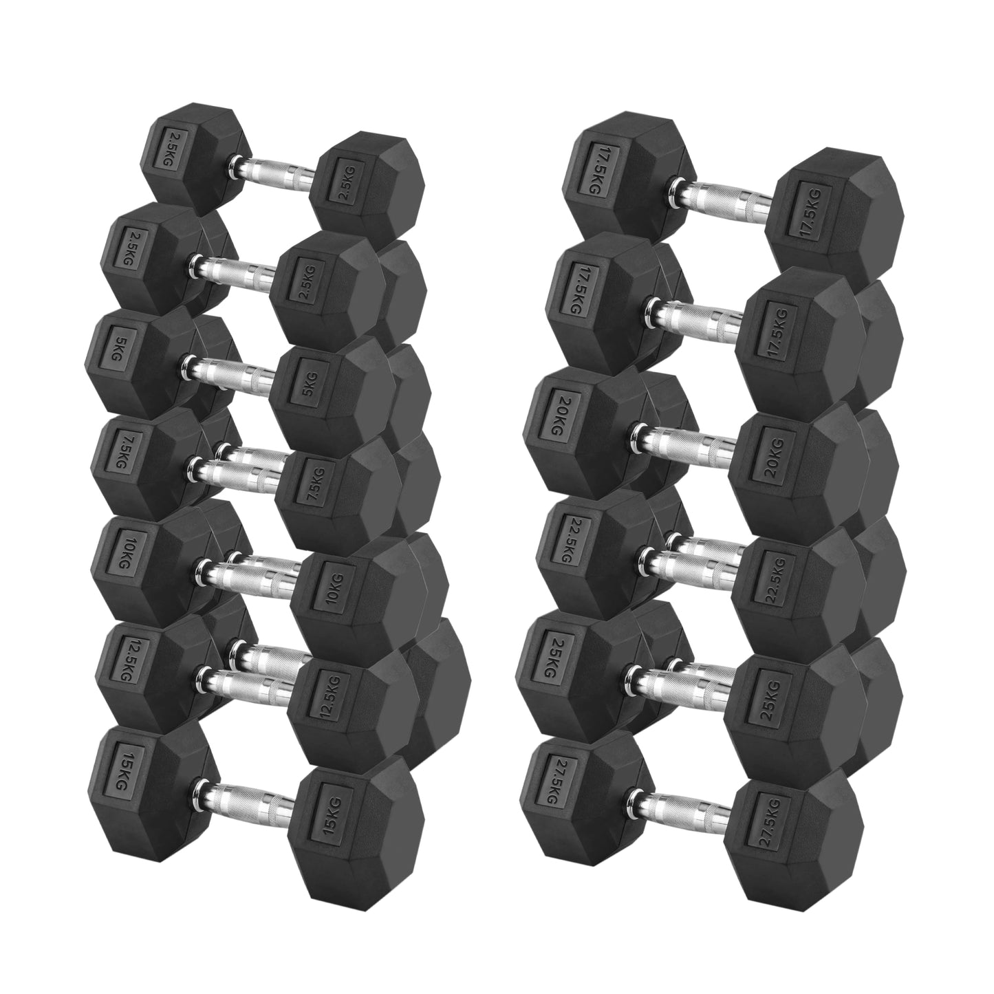 Premium Rubber-Coated Hex Dumbbells 2.5kg–30kg with Optional 3-Tier Rack – 11 Anti-Roll Pairs, Chrome Knurled Handles for Home Gym & Studio Training