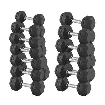 Premium Rubber-Coated Hex Dumbbells 2.5kg–30kg with Optional 3-Tier Rack – 11 Anti-Roll Pairs, Chrome Knurled Handles for Home Gym & Studio Training