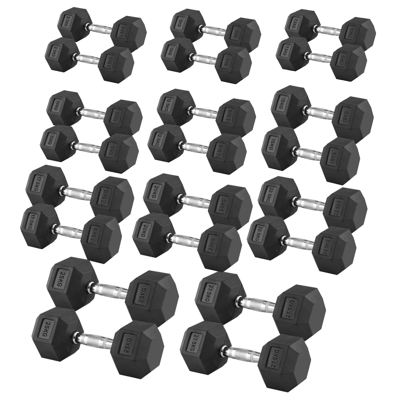 Hex Dumbbells 2.5kg–60kg Pairs & Sets – Rubber-Coated Anti-Roll Weights with Knurled Steel Grip – Strength Training Dumbbell Set for Home Gym or Studio