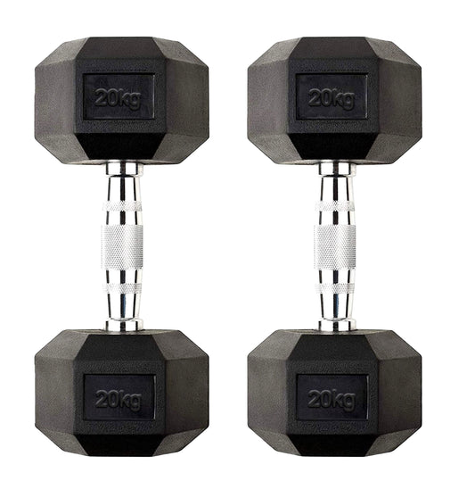 Hex 20kg Dumbbells – Durable Rubber-Coated Cast Iron Free Weights with Anti Roll Hex Design & Chrome Grip Handles – Ideal for Home Gym Strength Training