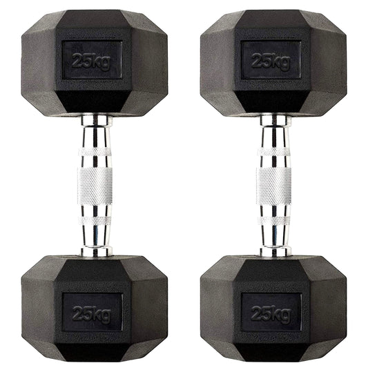 Heavy Duty 25kg Hex Dumbbells with Rubber Coated Cast Iron Heads & Chrome Handles for Home Gym Strength Training – Durable, Anti-Roll Design for Serious Lifters
