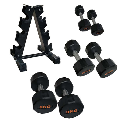 Round Hex Dumbbells with Anti-Roll Design – Rubber Coated Weights for Safe, Quiet Workouts with Ergonomic Grip | Available in Singles, Pairs & Full Sets