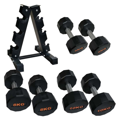 Round Hex Dumbbells with Anti-Roll Design – Rubber Coated Weights for Safe, Quiet Workouts with Ergonomic Grip | Available in Singles, Pairs & Full Sets